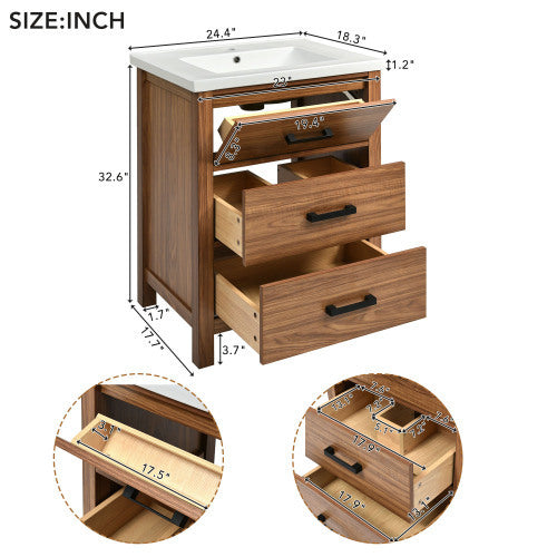 24'' Bathroom Vanity With Ceramic Basin Sink, Modern Bathroom Storage Cabinet With 3 Drawers, Freestanding Bathroom Vanity Cabinet With Single Sink