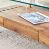 43.3 Inch Modern Two-Tier Coffee Table - Clear Tempered Glass And Natural Wood Grain, Multifunctional Storage Design.The Bottom Tier Includes A Drawer.Can Be Used As A Coffee Table,side Table,etc