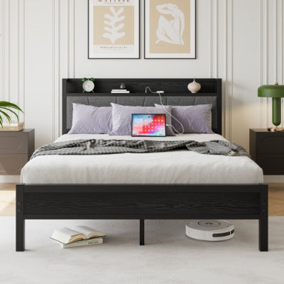 Queen Size Bed Frame, Storage Headboard With Charging Station, Solid And Stable, No Box Spring Needed, Easy Assembly