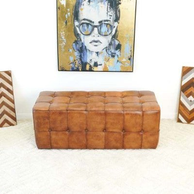 Benjiro Tan Leather Bench Ottoman Stool Leather Footstool Bench 17.7H X 47.2W X 19.7D