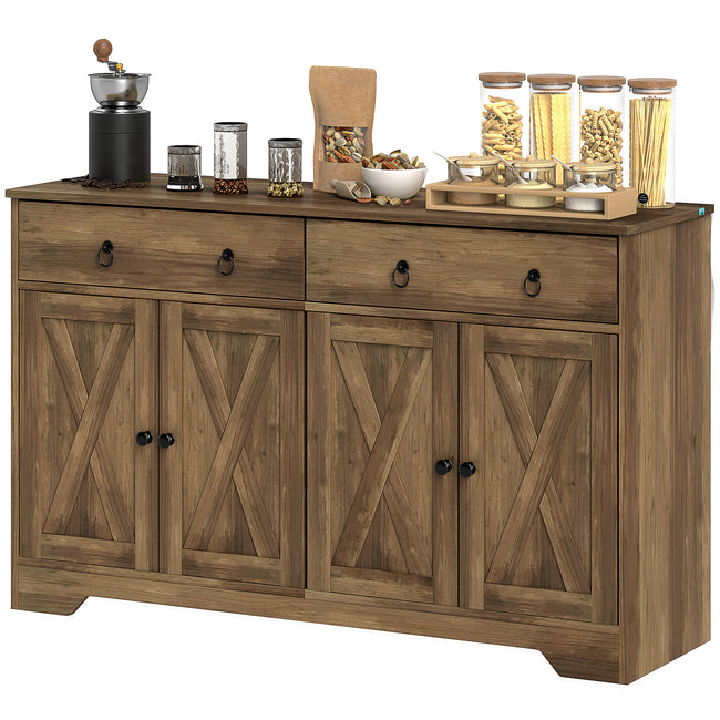 Kitchen Storage Sideboard, Farmhouse Buffet Cabinet With Barn Style Doors, Drawers, Adjustable Shelves, Light Brown