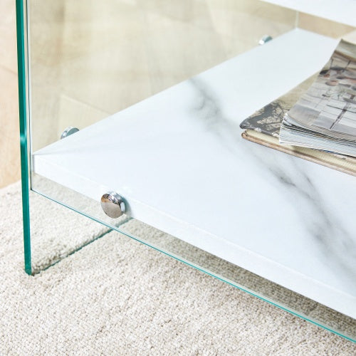 Bedside Table With Drawers. The Board Surface Is MDF Sticker, And Both Sides Are Transparent Tempered Glass. The Design Is Simple And Elegant, With Excellent Storage Functions