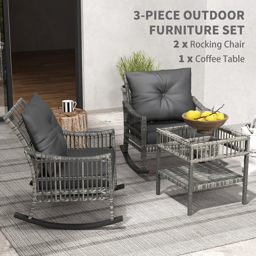 3 Piece Outdoor PE Rattan Rocker Chair Set, Rocking Chair With Tempered Glass Table Top, Gray