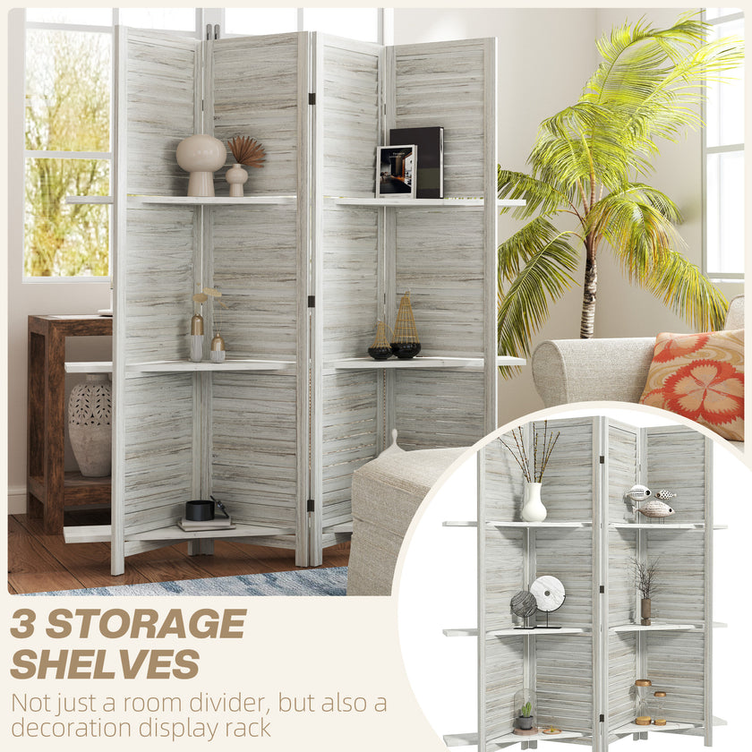 4 Panel 67 Tall Wood Privacy Screen Room Divider With 3 Shelves And Folding Storage For Bedroom, Distressed White