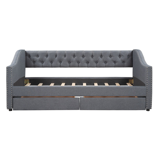Twin Size Upholstered Daybed With 2 Drawers, Wood Slat Support, Gray