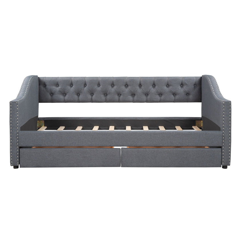 Twin Size Upholstered Daybed With 2 Drawers, Wood Slat Support, Gray