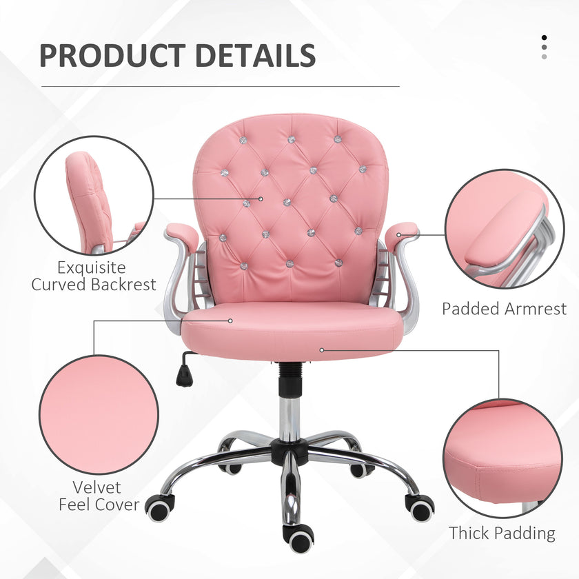 Vinsetto Vanity PU Leather Office Chair, Mid Back, Tufted Swivel Task Chair, Adjustable Height, Pink