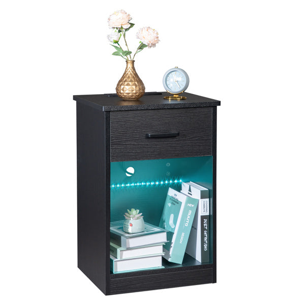 Black Single Drawer Bedside Table With Socket And LED Light