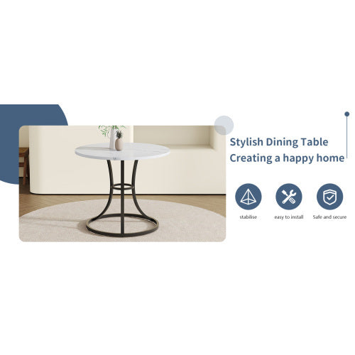 A Modern Minimalist Circular Table With A Diameter Of 33.3 Inches, An Elegant And Practical Choice.White Marble Textured Pattern Desktop, Paired With Uniquely Shaped Metal Leg.