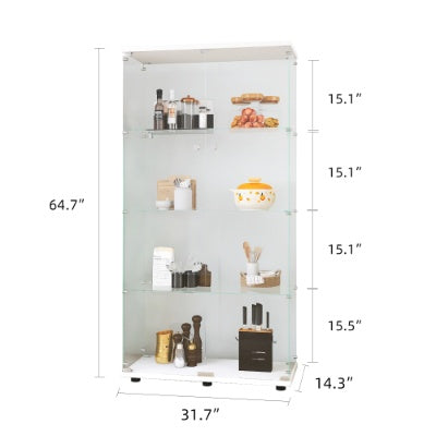 Wo-door Glass Display Cabinet 4 Shelves With Door, Floor Standing Curio Bookshelf For Living Room Bedroom Office, 64.7x31.7x14.3, White