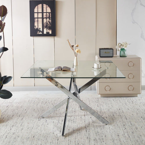 Golden Dining Table With Cross Metal Leg And Glass,Modern Space Saving Kitchen Table For Living Room,120x120x75cm Square Glass