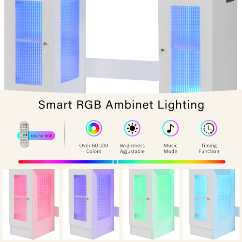 43.3 Vanity Desk With Large Mirror And Hollywood Bulbs, Modern Glass Top Makeup Vanity With Drawers And Power Outlet, Large Dressing Table With 3 Color Lighting Modes & RGB Cabinets For Bedroom
