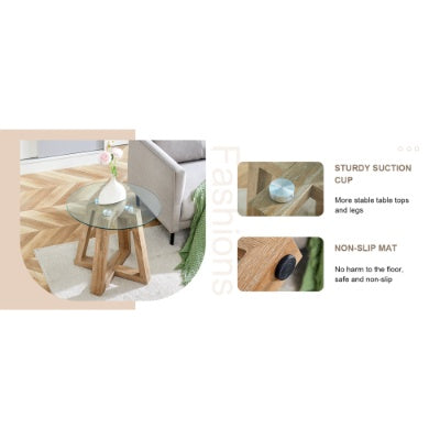 Modern And Practical Round Table. Made Of Clear Tempered Glass Top And Wood-coloured MDF Material. Suitable For Living Rooms And Bedrooms