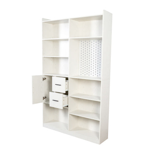 Bookshelf And Bookcase With Pegboard And Drawer, 9 Cubby Display Book Shelves, Modern Wide Wood Shelving Unit For Living Room, White