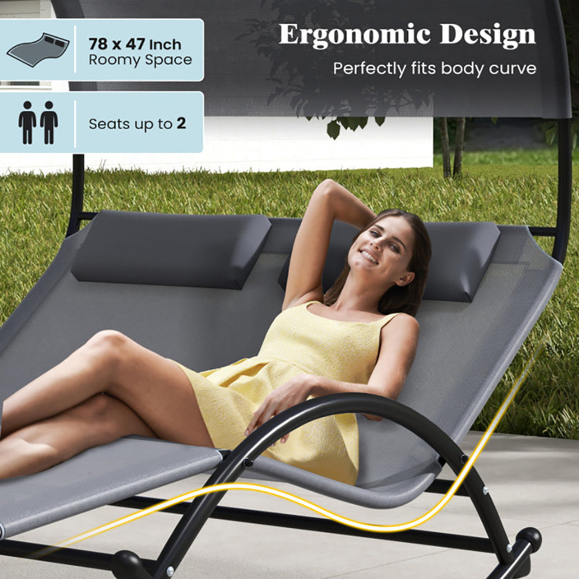 Outdoor Dual Rocker Sunbed 2-Person Canopied Patio Lounger With Detachable Headrests