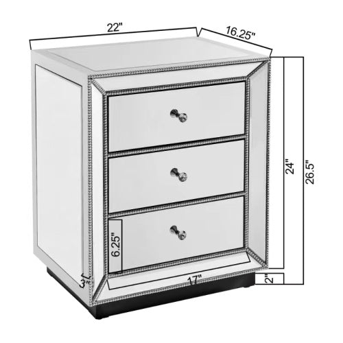 W 22X D 16  X 26.8  Silver Mirror Three Drawer Cabinet