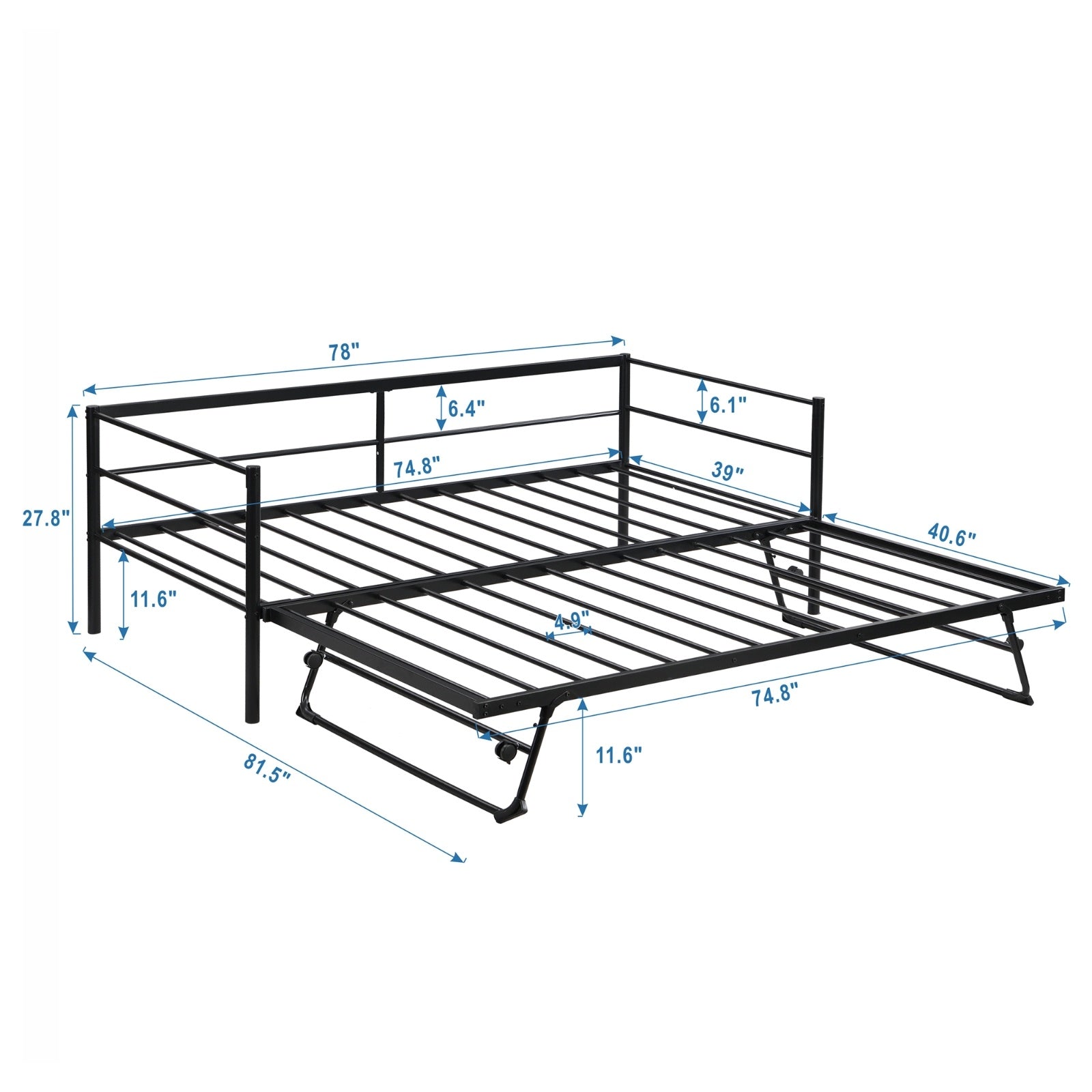 Twin Size Metal Daybed With Adjustable Trundle Up Trundle, Black