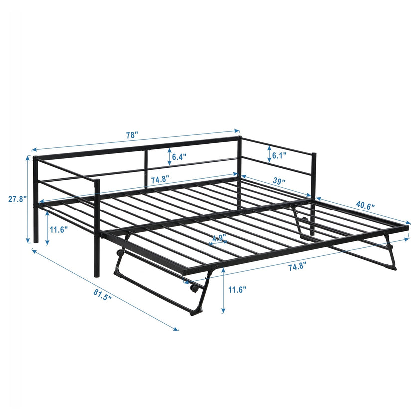 Twin Size Metal Daybed With Adjustable Trundle Up Trundle, Black