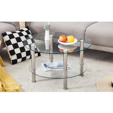 Contemporary Minimalist Double Layer Tempered Glass Coffee Table  27.5 Top And 23.6 Bottom.Reinforced Glass Tabletop,Stainless Steel Silver Plated Legs