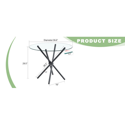 A Circular Transparent Tempered Glass Round Table With A Diameter Of 36.6 Inches,with Ring-shaped Gathered Black Metal Legs.The Desktop Glass Is 0.3 Inches Thick.