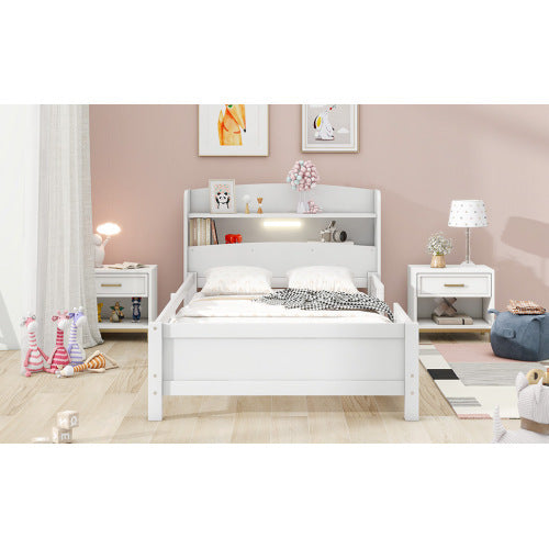 Wood Twin Size Platform Bed With Built-in LED Light, Storage Headboard And Guardrail, White