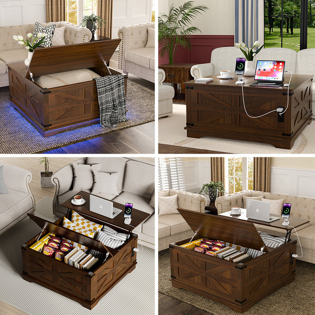 Farmhouse Coffee Table With Lift-Top, USB Charging Station & Hidden Storage - Sturdy Wooden Base, White-Brown Options, Perfect For Living Room Organization, Coffee Table For Living Room, Versatile