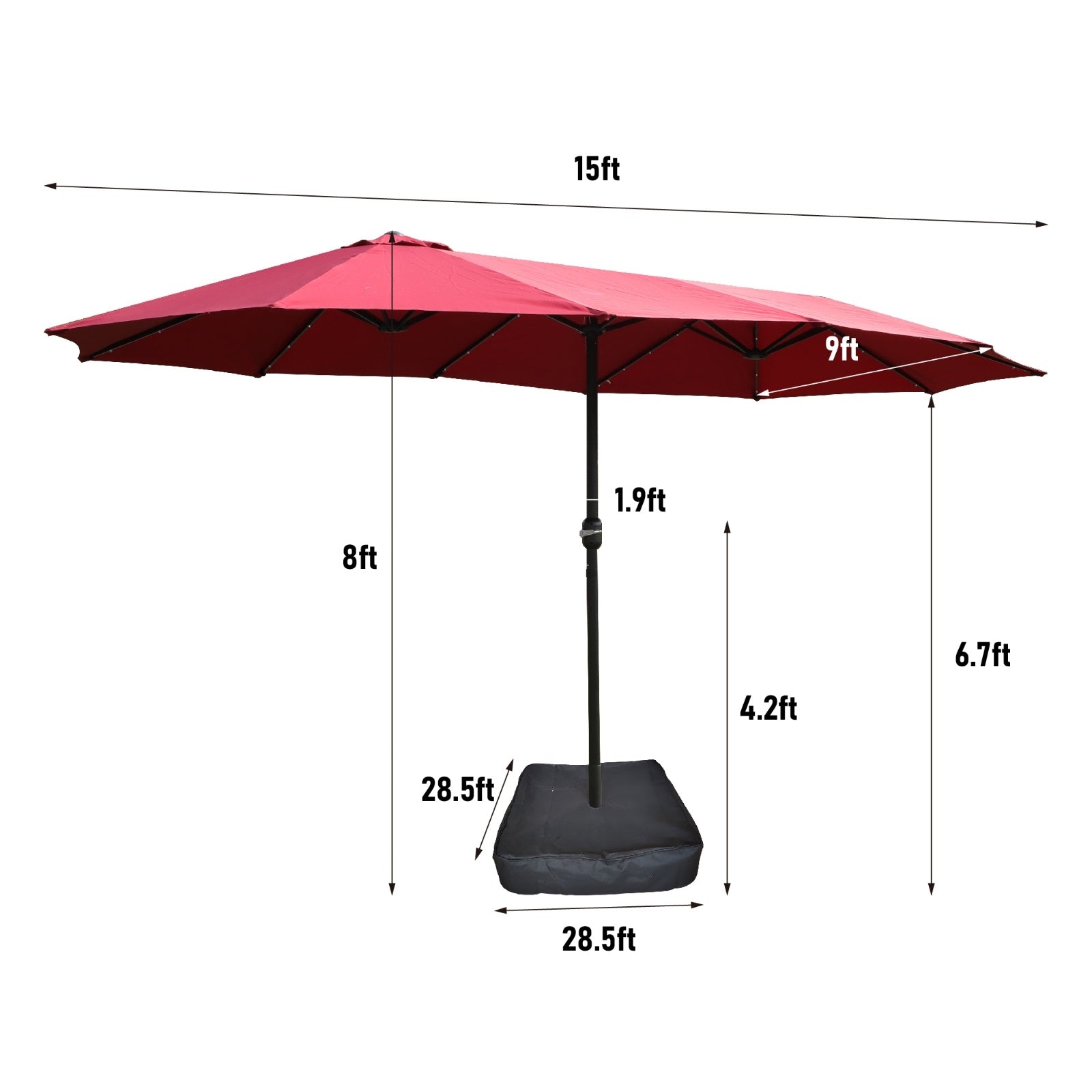 15x9ft Large Double-Sided Rectangular Outdoor Twin Patio Market Umbrella With Light And Base- Red
