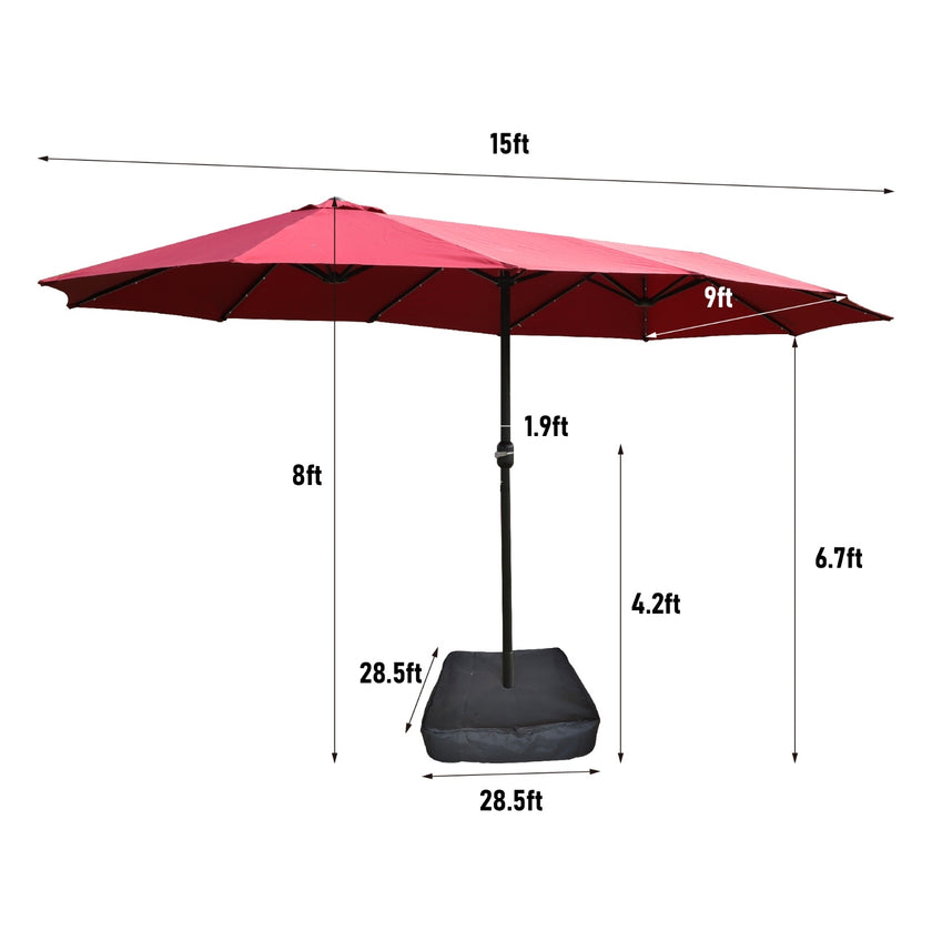 15x9ft Large Double-Sided Rectangular Outdoor Twin Patio Market Umbrella With Light And Base- Red