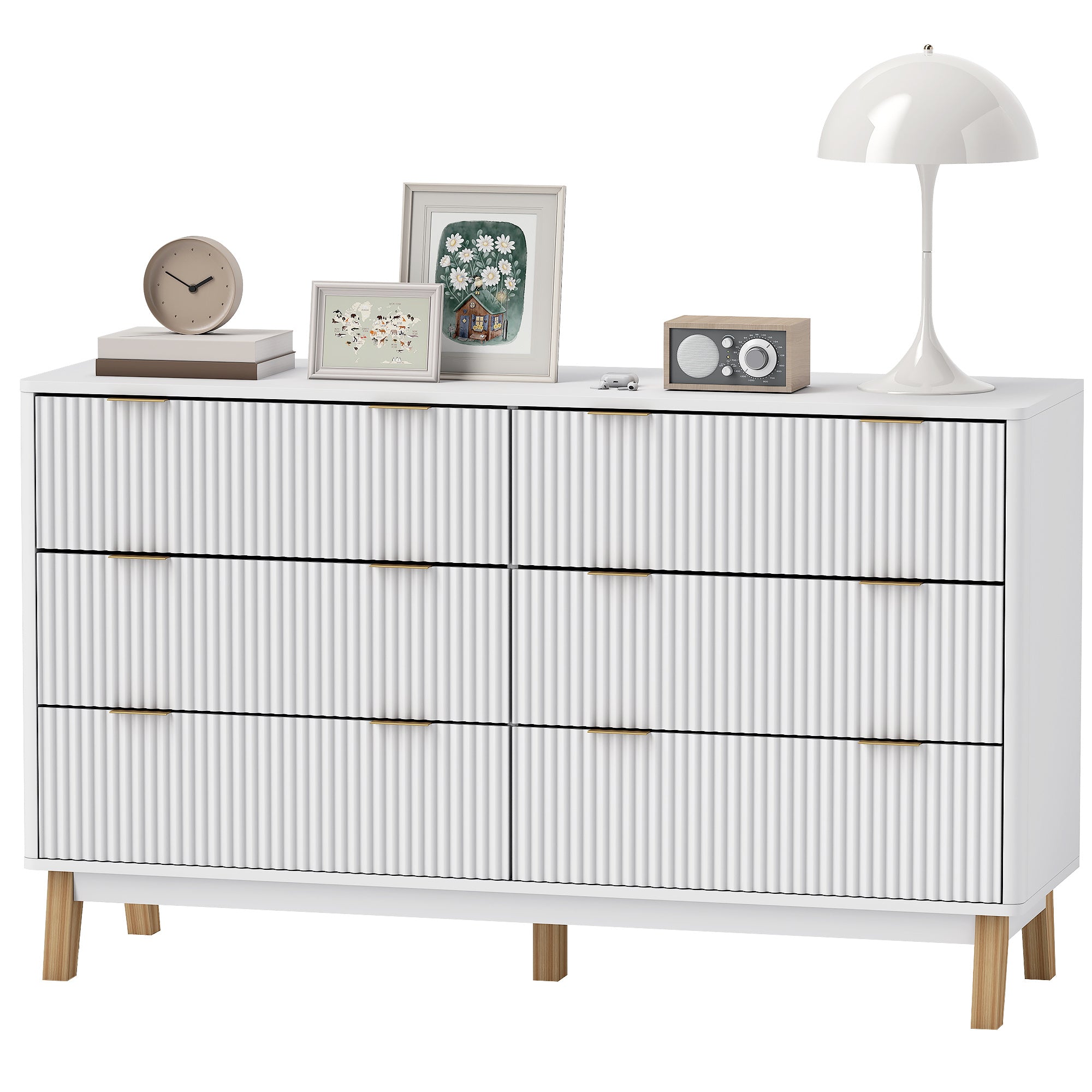 6 Drawer Double Dresser For Bedroom, Fluted Chest Of Drawers With Gold Finger Pulls And 5 Wood Legs, White