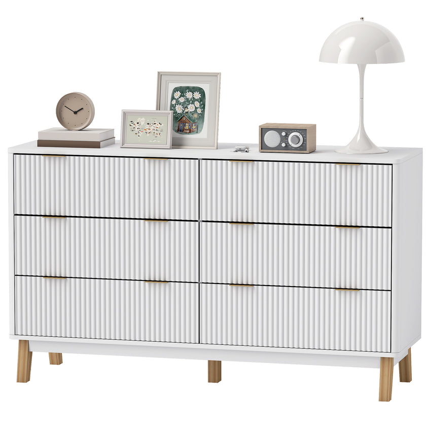 6 Drawer Double Dresser For Bedroom, Fluted Chest Of Drawers With Gold Finger Pulls And 5 Wood Legs, White