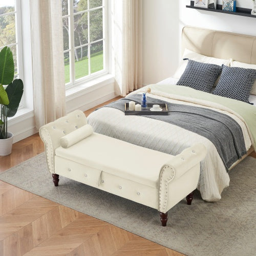 63.38Velvet Multifunctional Storage Rectangular Ottoman Bench Comes With Crystal Buckle Solid Wood Legs With 1 Pillow