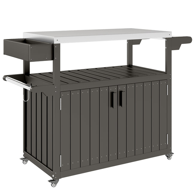 Outdoor Bar Cart With Storage, Stainless Steel Outdoor Bar Table Top, Wheeled HDPE Kitchen Island For Food Prep, Gray