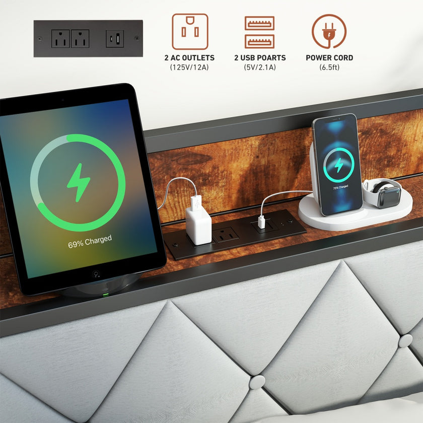 Soft-padded Headboard With Storage, Charging Port, Iron Frame Bed