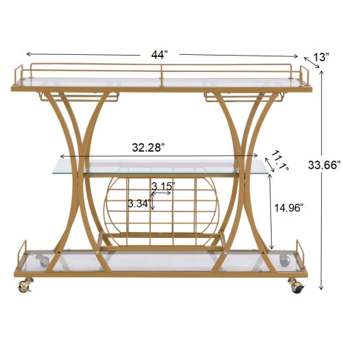 Golden Bar Cart With Wine Rack Tempered Glass Metal Frame Wine Storage