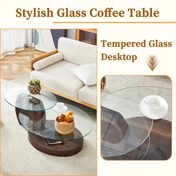Modern Walnut Grain Double Layer Coffee Table - Versatile Design, Multiple Colors Available.Density Board Sticker,Reinforced Glass,Oval Countertop.