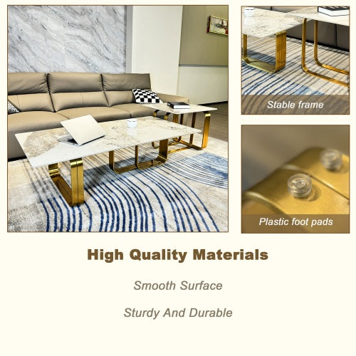 Rectangular End Table With Sintered Stone Top, Gold Metal Frame For Living Room