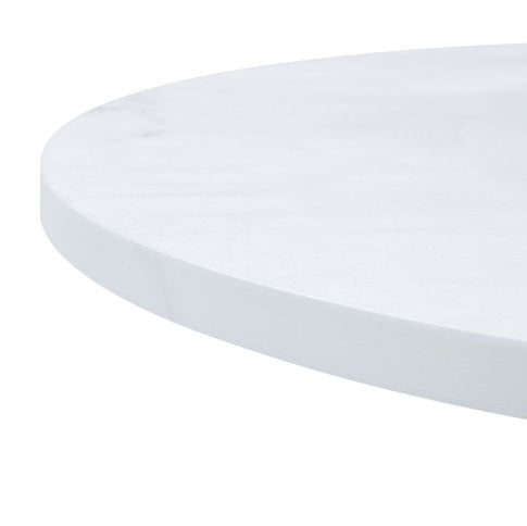 A Modern Minimalist Circular Table With A Diameter Of 33.3 Inches, An Elegant And Practical Choice.White Marble Textured Pattern Desktop, Paired With Uniquely Shaped Metal Leg.