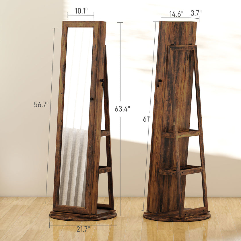 360 Swivel Jewelry Armoire, Lockable Jewelry Cabinet With Full-Length Mirror, Storage Shelves, Rustic Brown