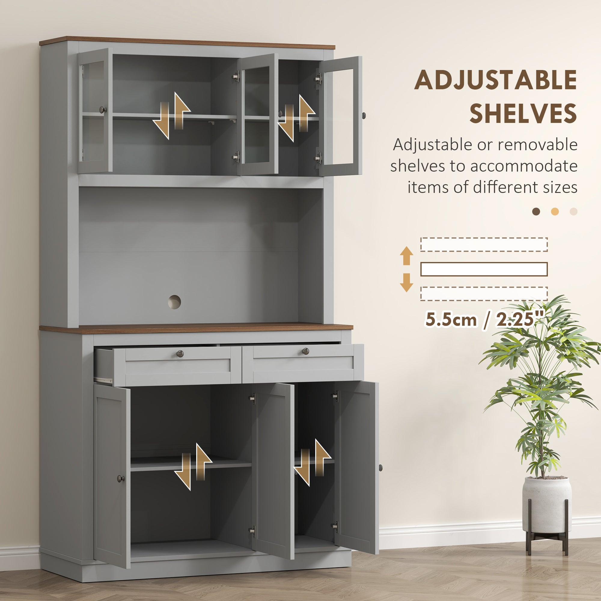 71 Kitchen Pantry Cabinet With Microwave Stand, Kitchen Hutch With 2 Drawers And Adjustable Shelves, Gray
