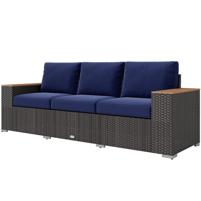3-Seat Outdoor Patio Sofa With Cushions, PE Rattan Wicker Sofa With Wide Armrests, Outdoor Wicker Couch, Navy Blue