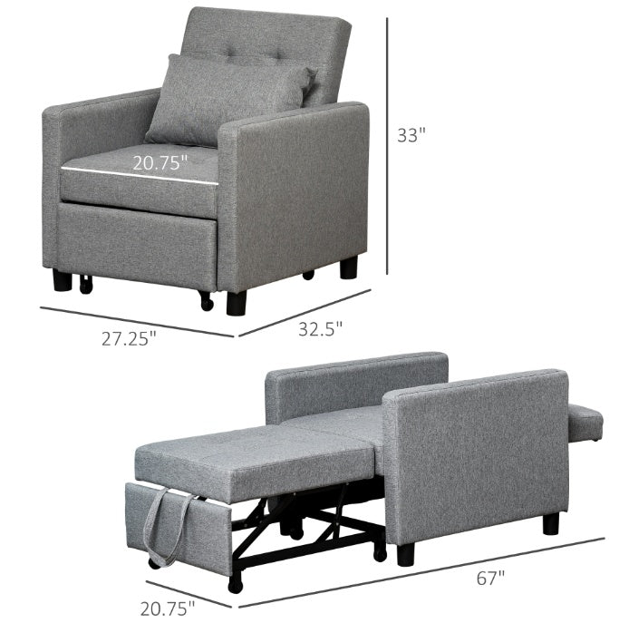 Convertible Chair Bed Grey Sofa Bed Multi-Functional Sleeper Ottoman Recliner Adjustable Backrest