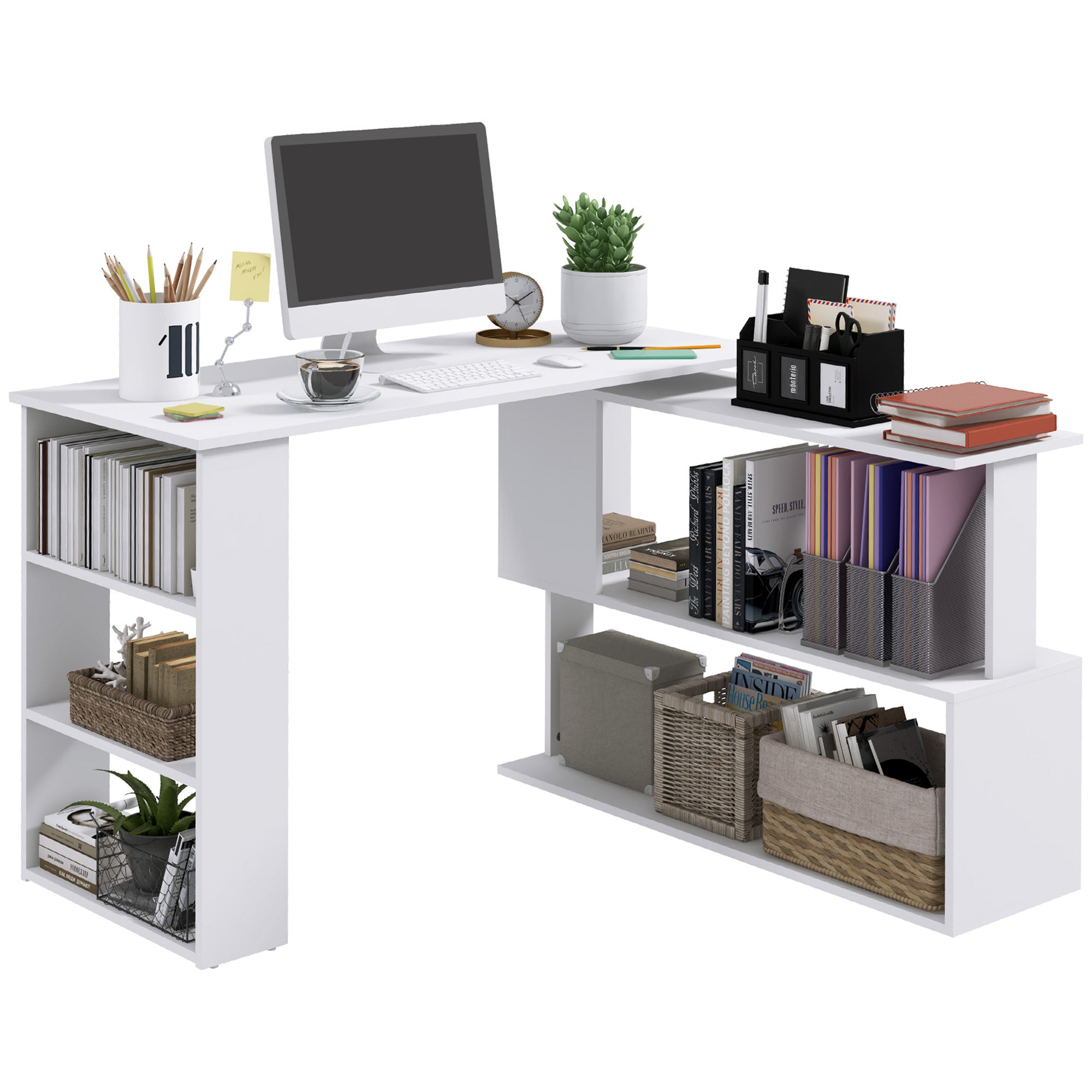 360  Rotating Home Office Desk L Shaped Corner Computer Desk With Storage Shelves, Writing Table Workstation, White