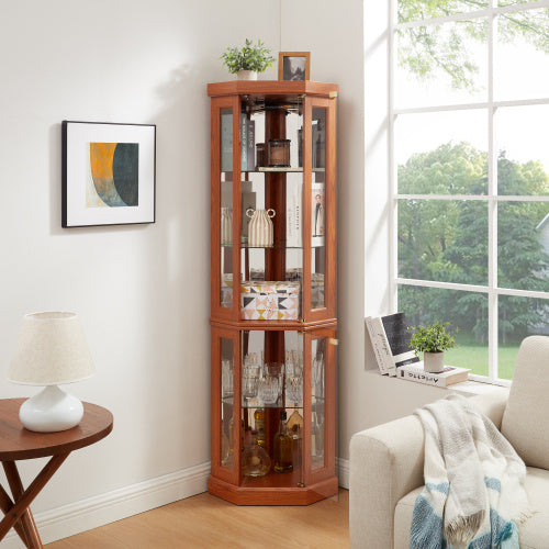 Corner Glass Cabinet Lighted Curio Cabinet Corner Display Case For Living Room, Curio Cabinet, Antique Collection, Wine,Bar Glass Storage Light Included,Dark Cherry