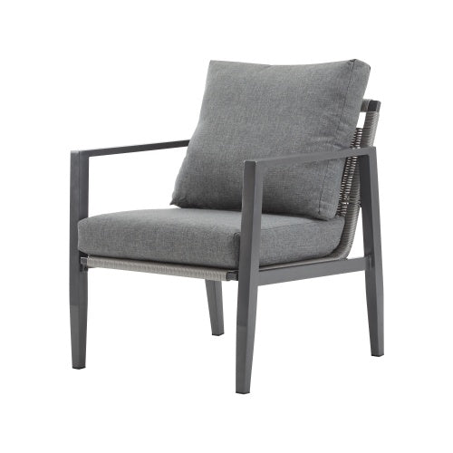 Gray Aluminum Lounge Chair With Sleek Rope Accents And Comfortable Cushions, Perfect For Modern Outdoor And Indoor Spaces