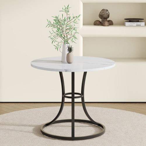 A Modern Minimalist Circular Table With A Diameter Of 33.3 Inches, An Elegant And Practical Choice.White Marble Textured Pattern Desktop, Paired With Uniquely Shaped Metal Leg.