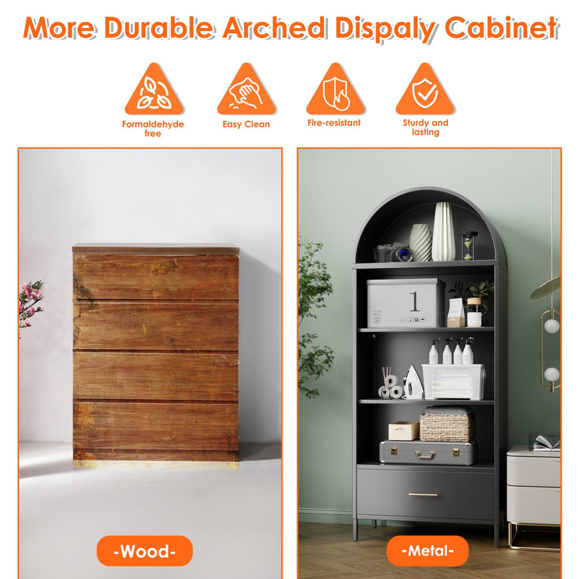 Metal Arched Bookshelf, Accent Arch Kitchen Pantry Cabinet With Drawer For Home Office Bar Living Room Farmhouse ,Black