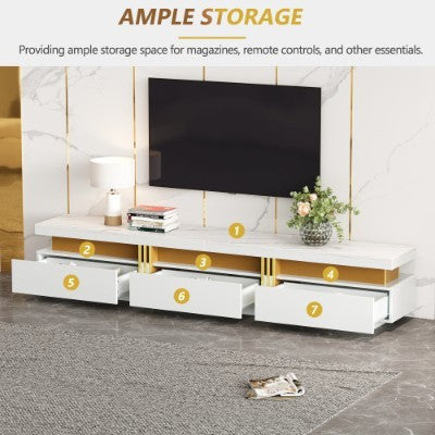 Luxury TV Stand With Faux Marble Top, TV Cabinet Golden Panel Design, And 3 Drawers For Televisions Up To 89'', Rectangle Media Console, Practical Entertainment Center For Living Room, White