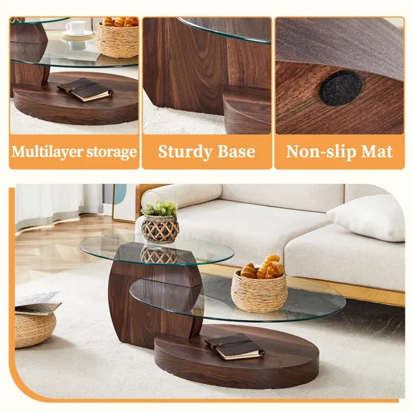 Modern Walnut Grain Double Layer Coffee Table - Versatile Design, Multiple Colors Available.Density Board Sticker,Reinforced Glass,Oval Countertop.