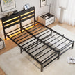 Queen Size Metal Bed Frame With Wooden Headboard, RGB Lights, Charger, Storage Shelf, Noise-Free, No Box Spring Needed, Black