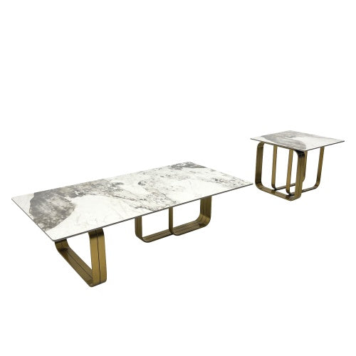 Modern Rectangular Coffee Table Set With Sintered Stone Top, Gold Metal Frame, For Bedroom, Living Room